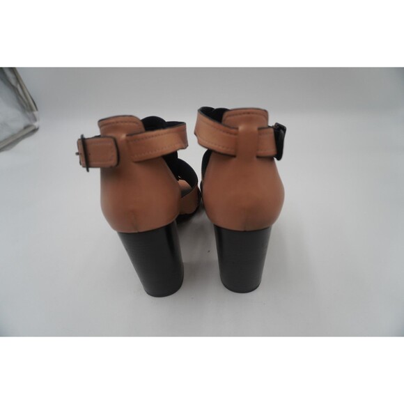 M4D3 Mara Tan Leather Strappy Open Toe Cage Block Heel Ankle Strap Sandals 9.5 - Picture 7 of 12